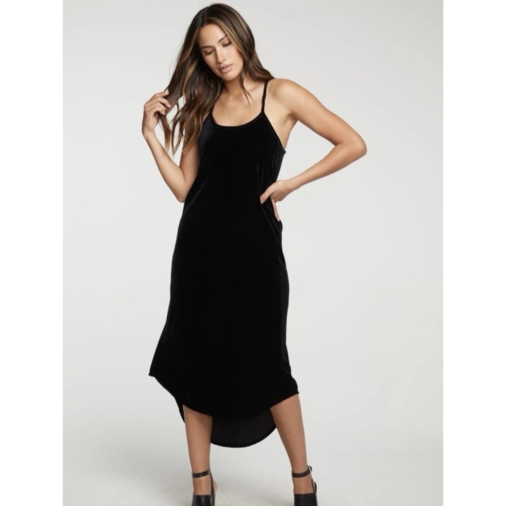 Chaser Stretch Velvet V Back Hi Lo Midi Dress Womens Small Sleeveless Party LBD
